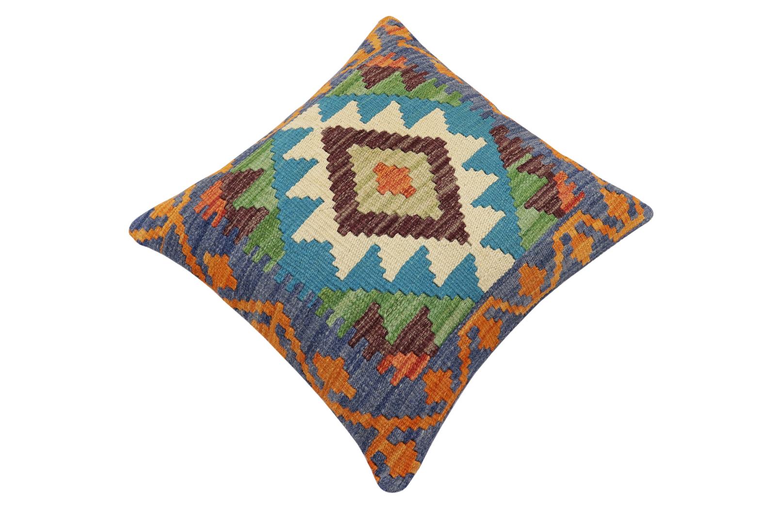 handmade Traditional Pillow Blue Rust Hand-Woven SQUARE 100% WOOL Hand woven turkish pillow2' x 2'