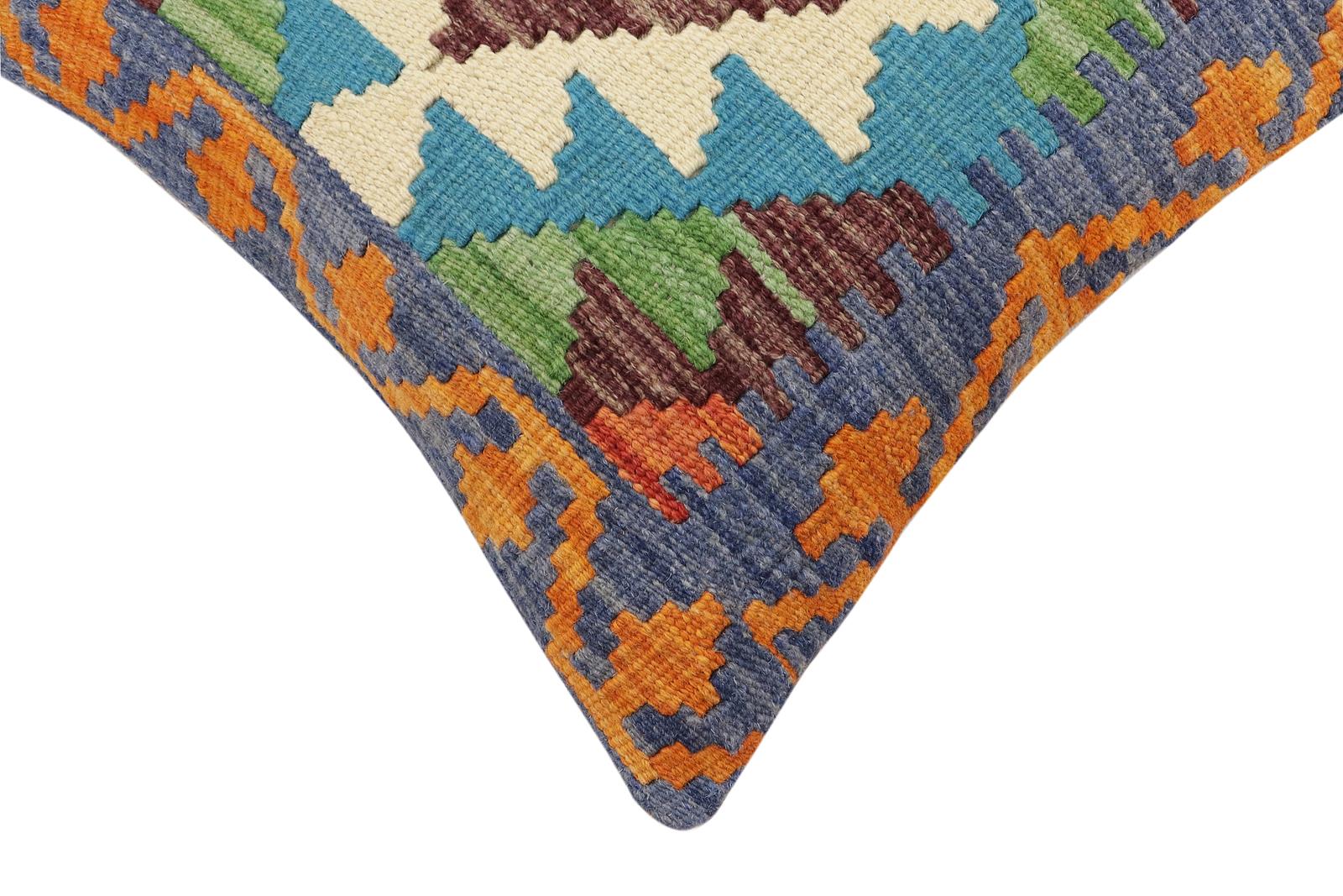 handmade Traditional Pillow Blue Rust Hand-Woven SQUARE 100% WOOL Hand woven turkish pillow2' x 2'