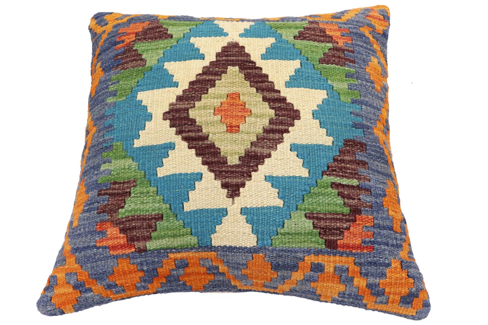 handmade Traditional Pillow Blue Rust Hand-Woven SQUARE 100% WOOL Hand woven turkish pillow2' x 2'