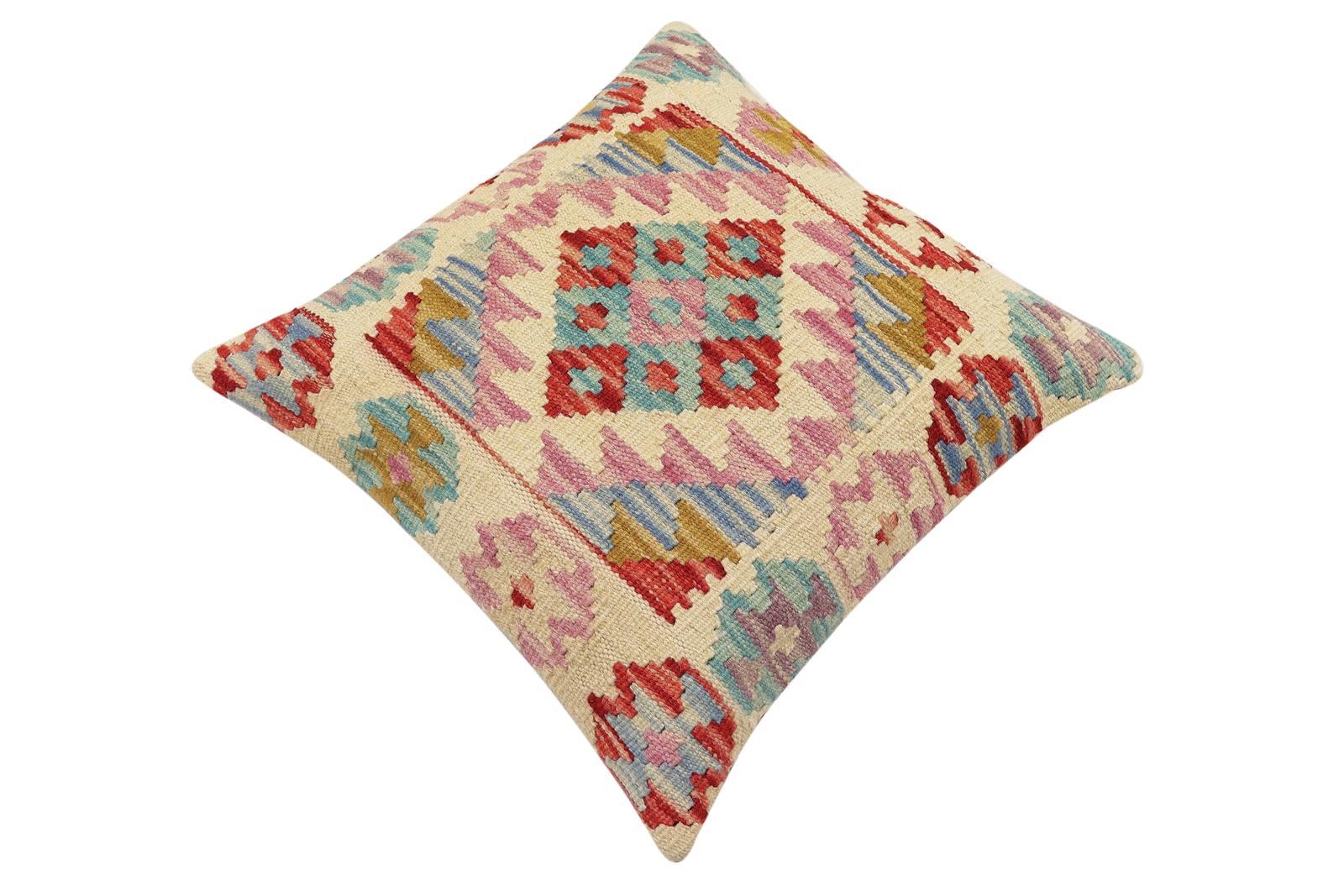 handmade Traditional Pillow Beige Red Hand-Woven SQUARE 100% WOOL Hand woven turkish pillow2' x 2'