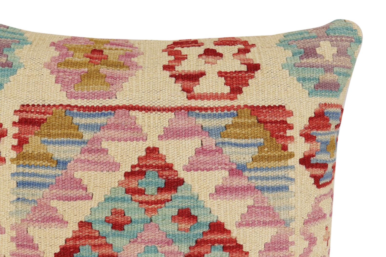 handmade Traditional Pillow Beige Red Hand-Woven SQUARE 100% WOOL Hand woven turkish pillow2' x 2'