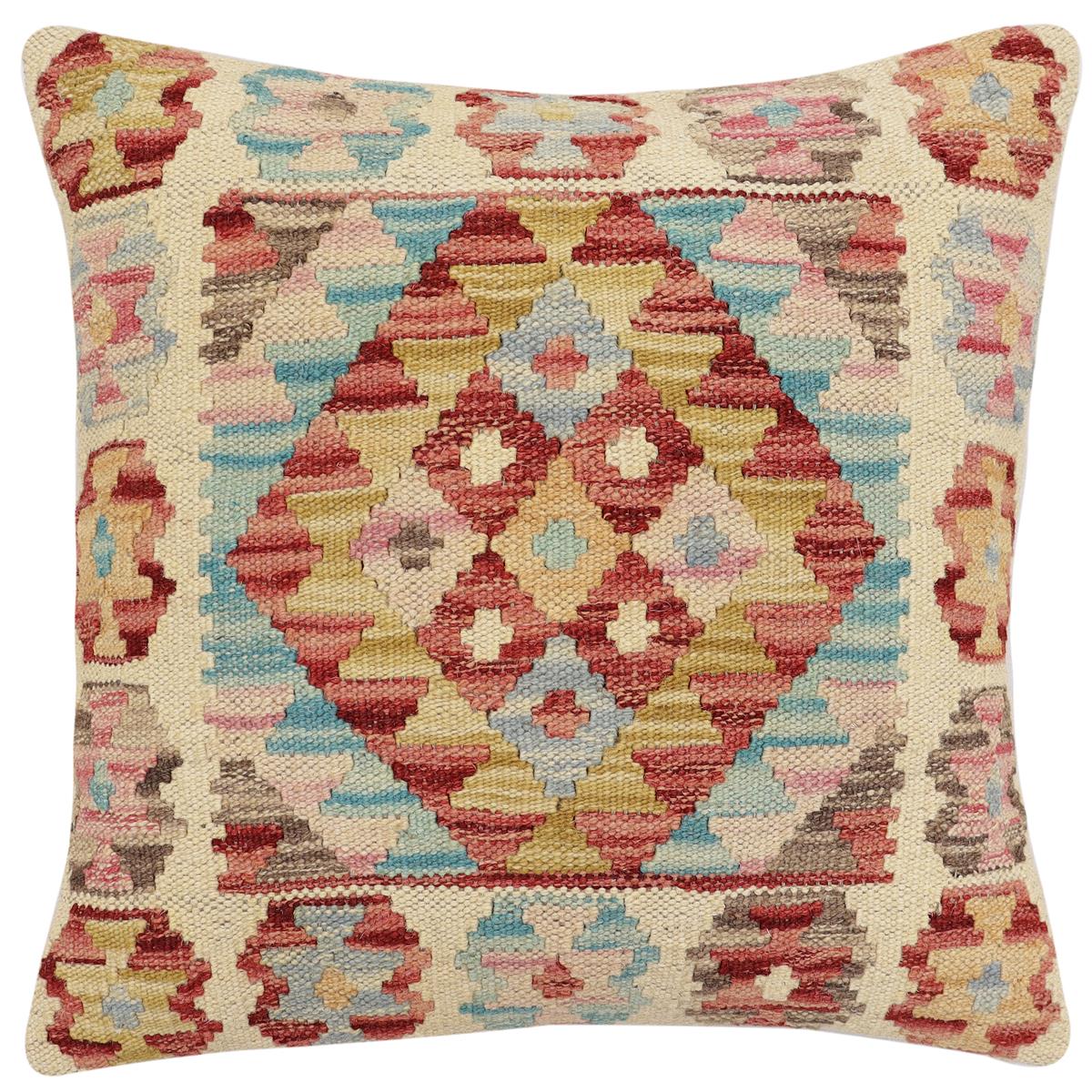 handmade Traditional Pillow Red Blue Hand-Woven SQUARE 100% WOOL  Hand woven turkish pillow  2 x 2