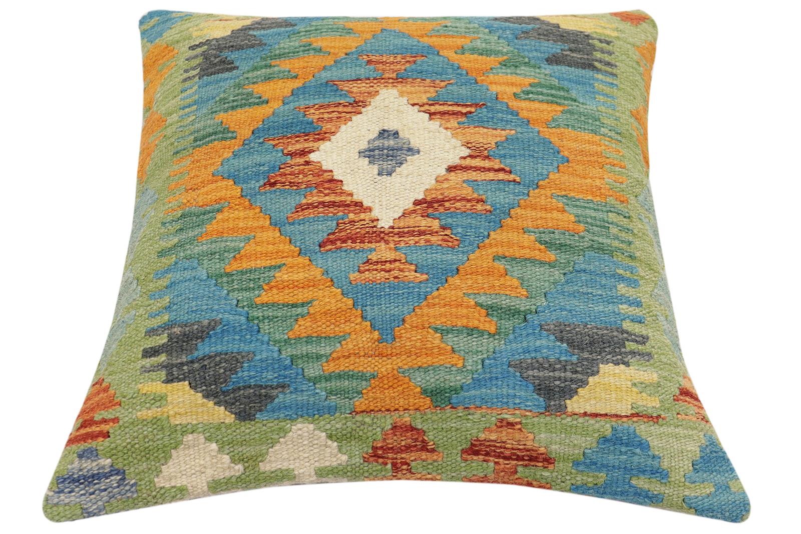 handmade Traditional Pillow Rust Blue Hand-Woven SQUARE 100% WOOL Hand woven turkish pillow2' x 2'