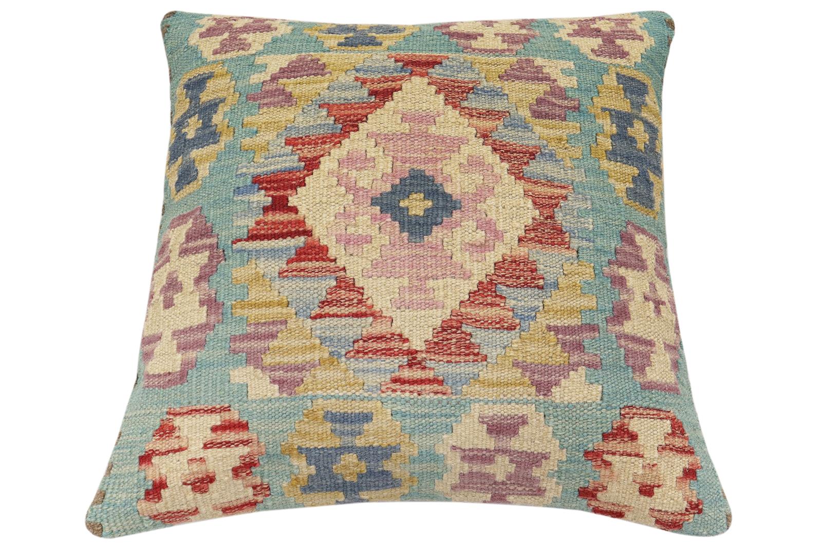 handmade Traditional Pillow Blue Red Hand-Woven SQUARE 100% WOOL Hand woven turkish pillow2' x 2'