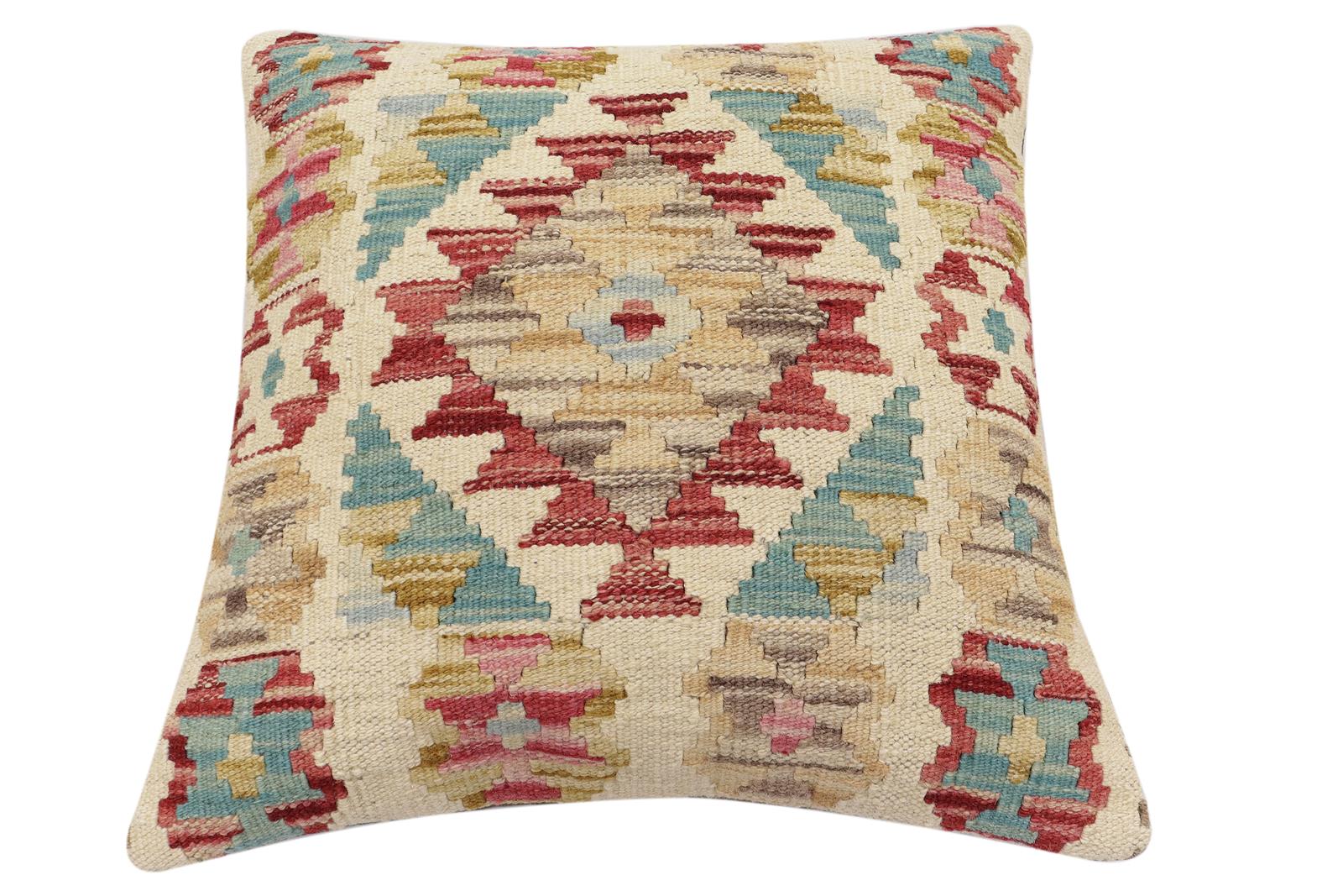 handmade Traditional Pillow Beige Red Hand-Woven SQUARE 100% WOOL Hand woven turkish pillow2' x 2'