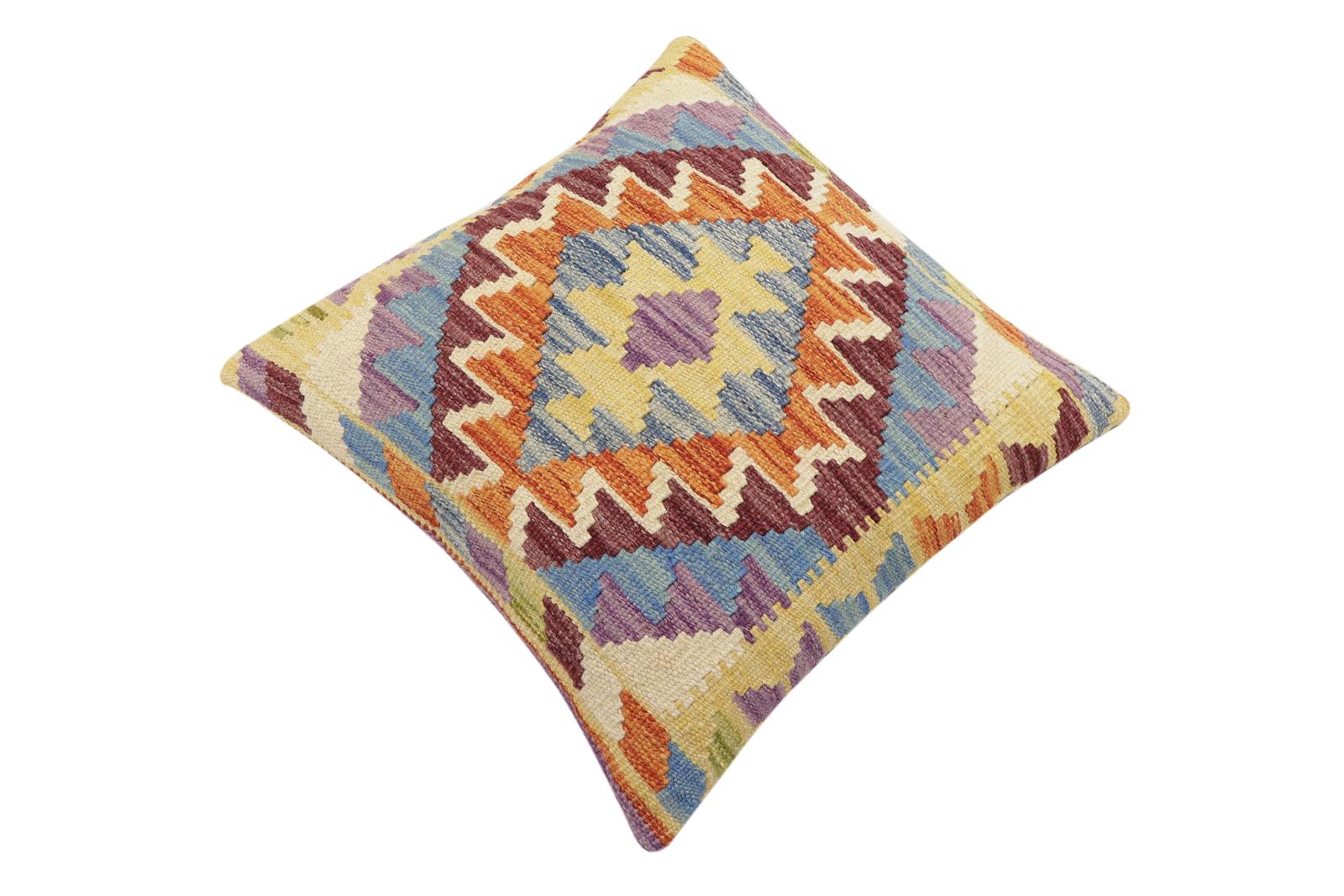 handmade Traditional Pillow Rust Blue Hand-Woven SQUARE 100% WOOL Hand woven turkish pillow2' x 2'