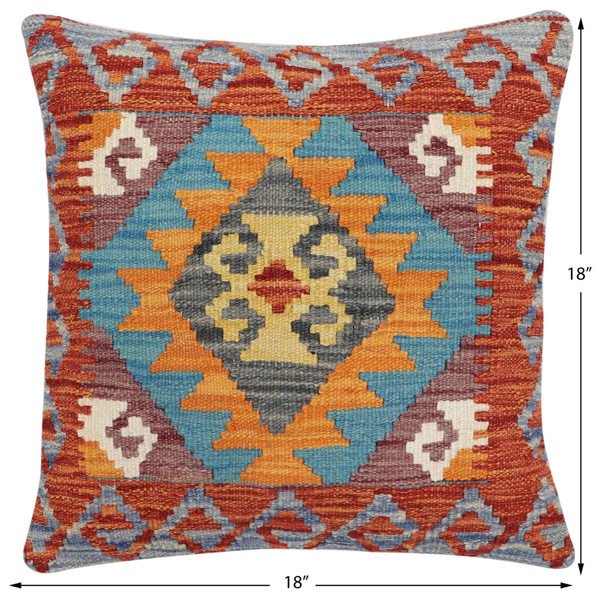 handmade Traditional Pillow Rust Blue Hand-Woven SQUARE 100% WOOL Hand woven turkish pillow2' x 2'