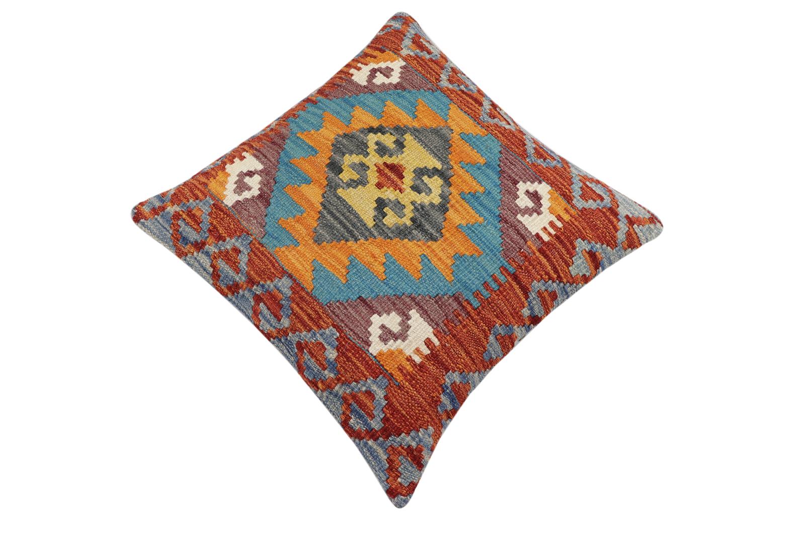 handmade Traditional Pillow Rust Blue Hand-Woven SQUARE 100% WOOL Hand woven turkish pillow2' x 2'