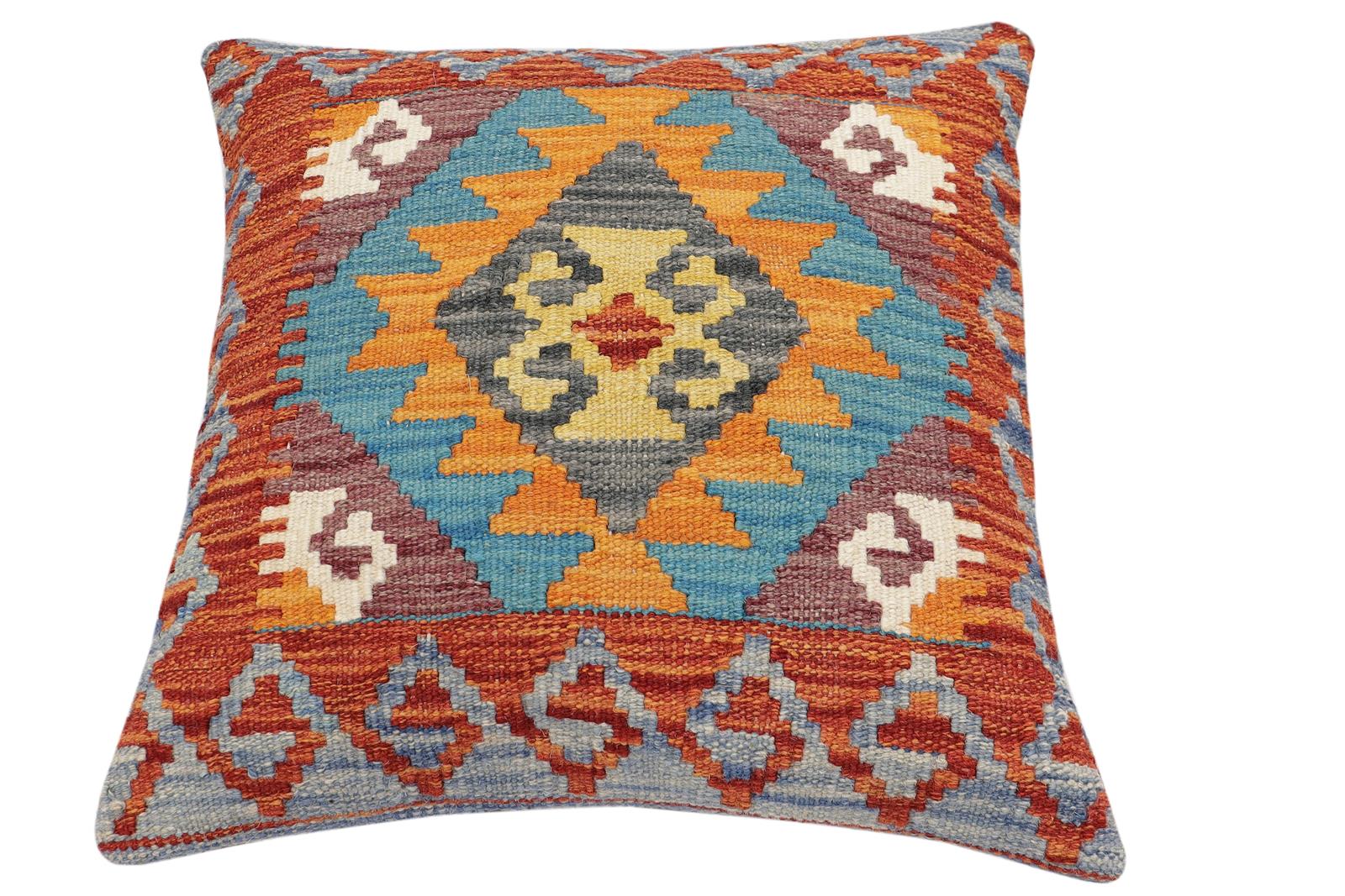 handmade Traditional Pillow Rust Blue Hand-Woven SQUARE 100% WOOL Hand woven turkish pillow2' x 2'