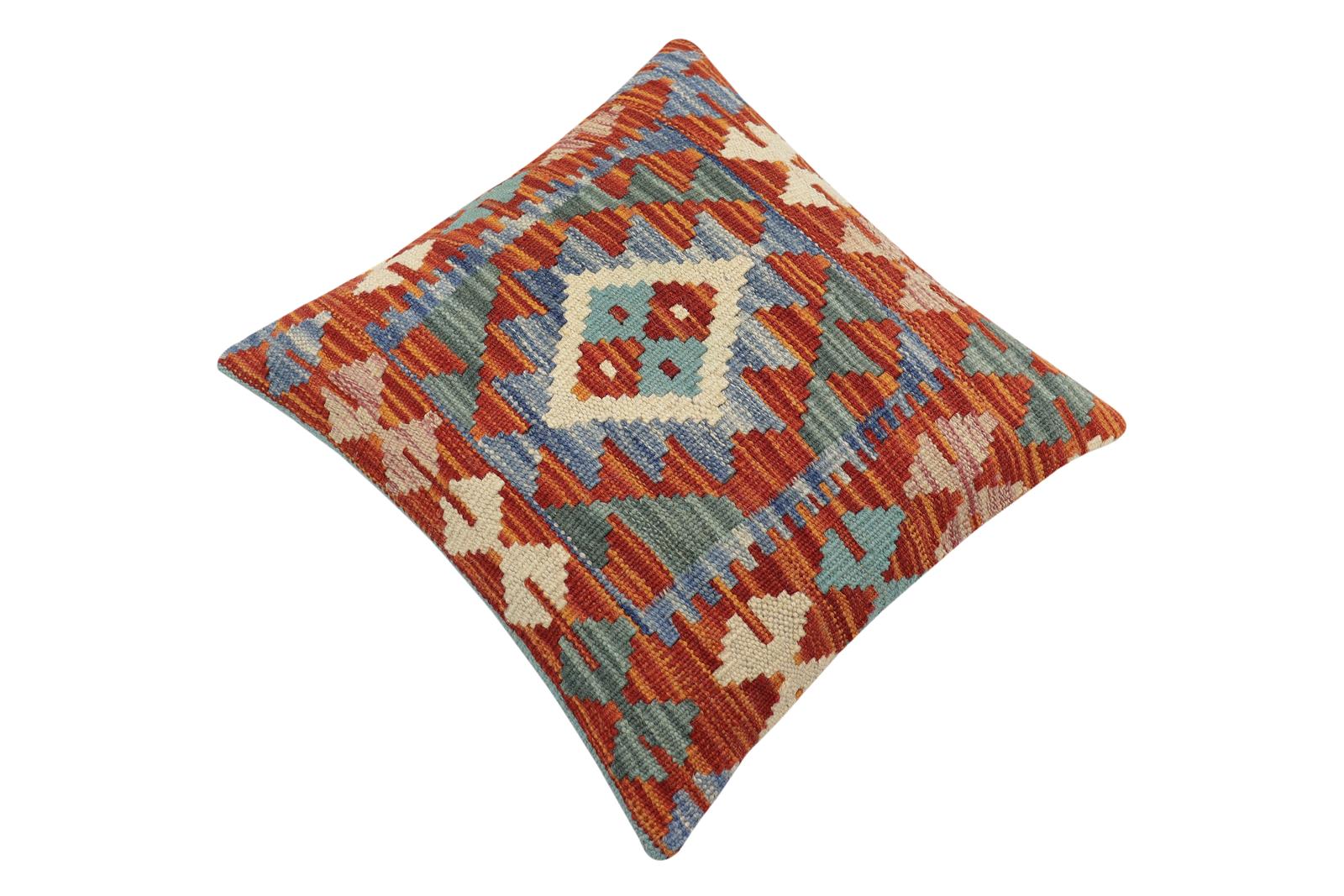 handmade Traditional Pillow Rust Blue Hand-Woven SQUARE 100% WOOL Hand woven turkish pillow2' x 2'