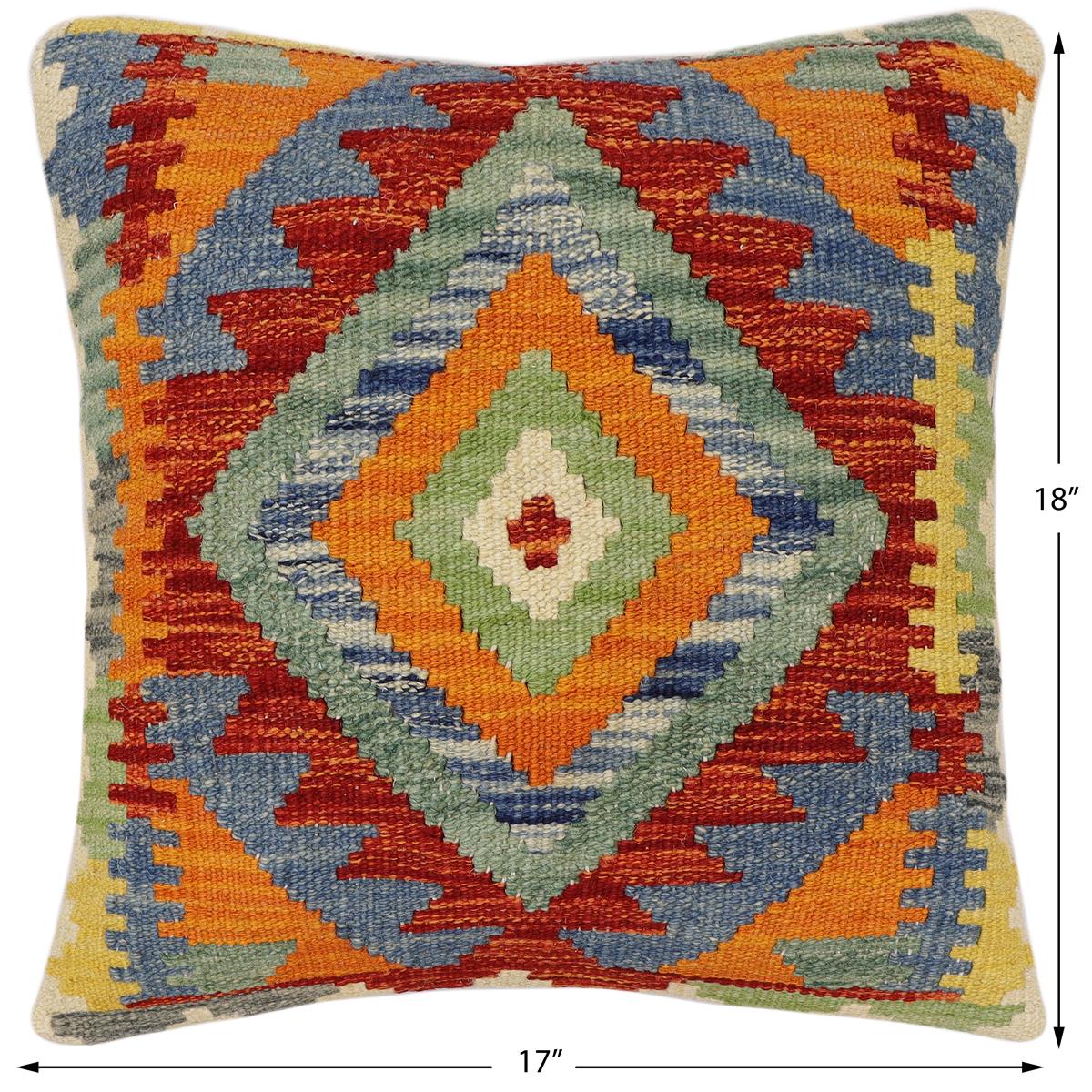 handmade Traditional Pillow Rust Blue Hand-Woven SQUARE 100% WOOL  Hand woven turkish pillow  2 x 2