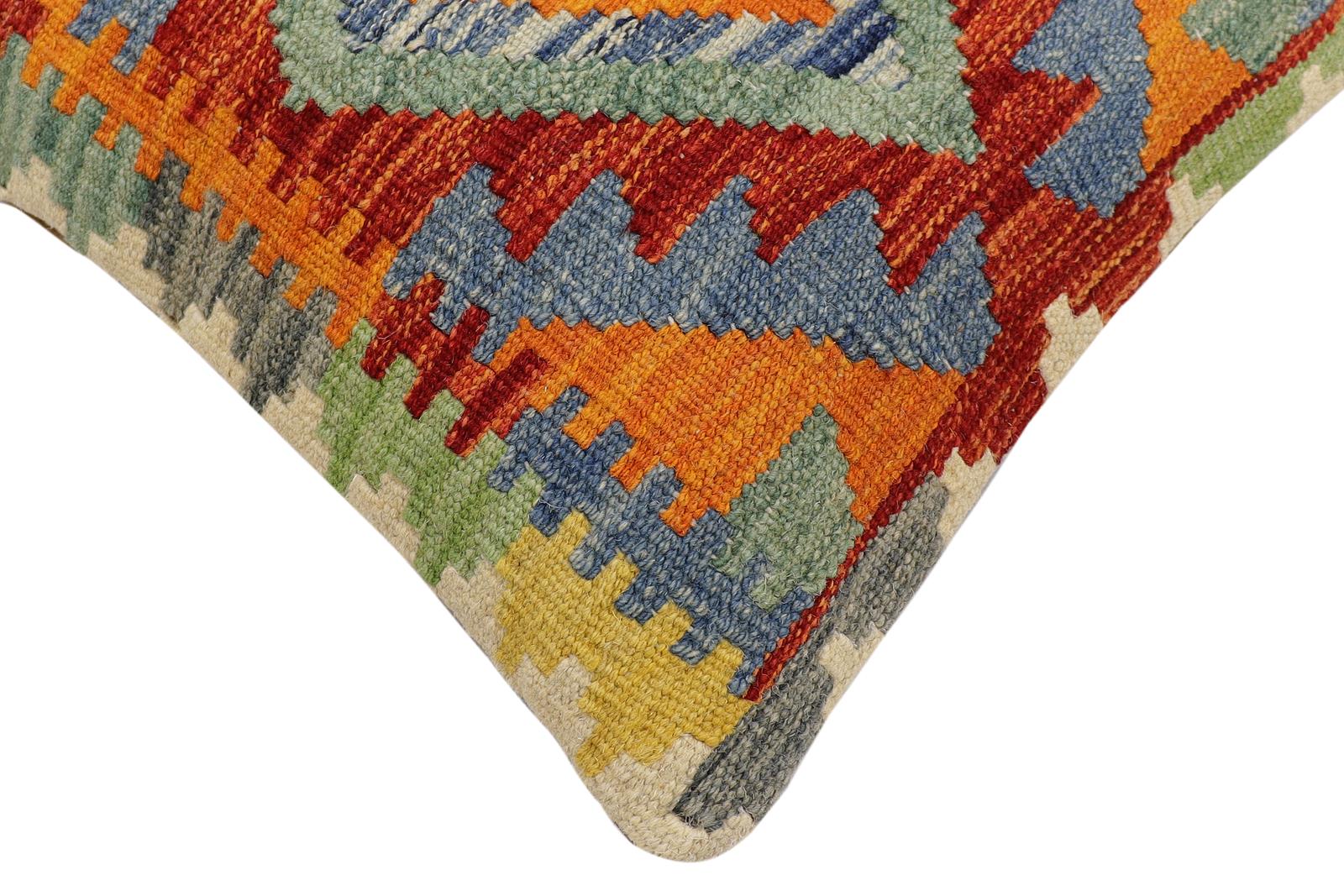 handmade Traditional Pillow Rust Blue Hand-Woven SQUARE 100% WOOL  Hand woven turkish pillow  2 x 2