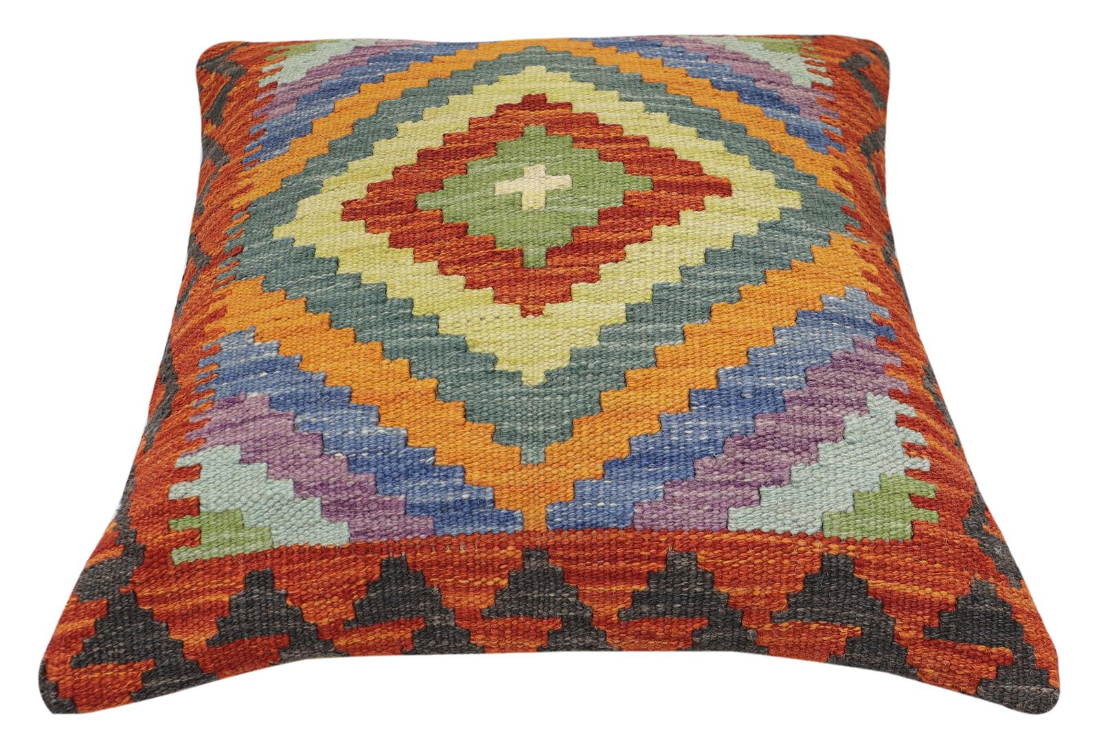 handmade Traditional Pillow Rust Blue Hand-Woven SQUARE 100% WOOL Hand woven turkish pillow2' x 2'