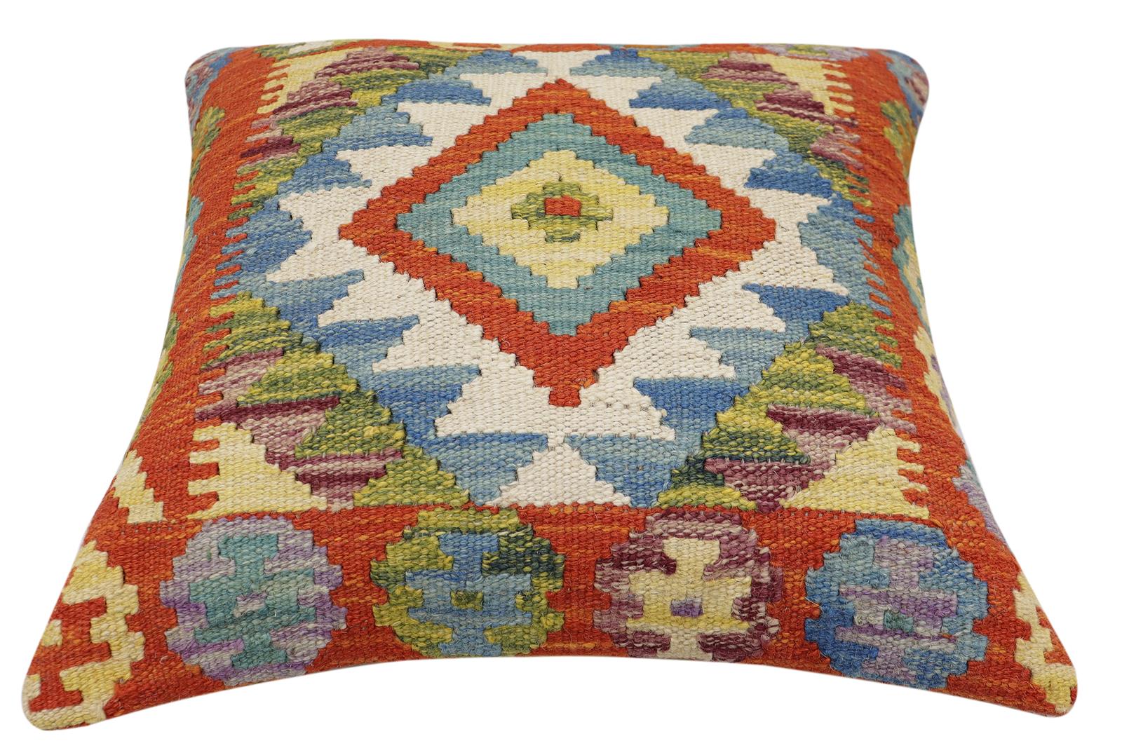 handmade Traditional Pillow Rust Blue Hand-Woven SQUARE 100% WOOL Hand woven turkish pillow2' x 2'