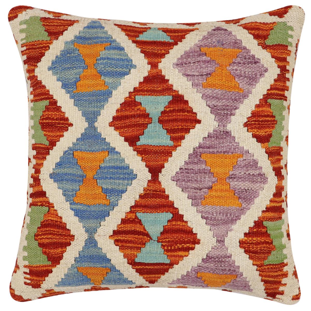 handmade Traditional Pillow Rust Blue Hand-Woven SQUARE 100% WOOL Hand woven turkish pillow2' x 2'