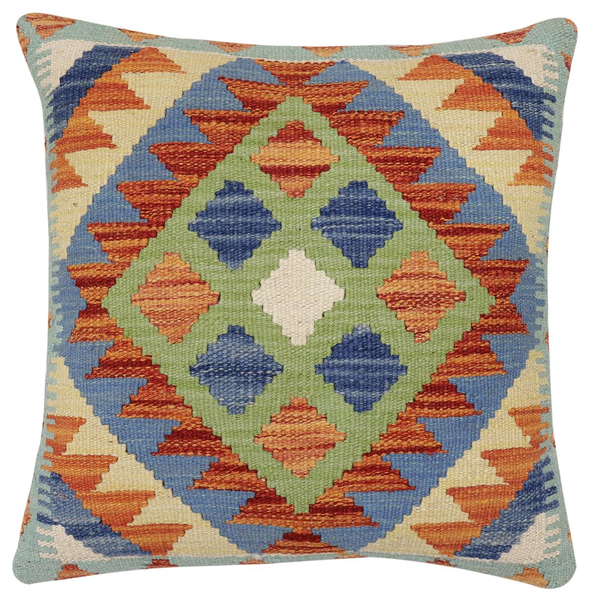 handmade Traditional Pillow Rust Blue Hand-Woven SQUARE 100% WOOL  Hand woven turkish pillow  2 x 2
