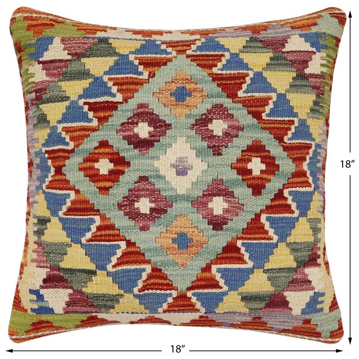 handmade Traditional Pillow Rust Blue Hand-Woven SQUARE 100% WOOL Hand woven turkish pillow2' x 2'