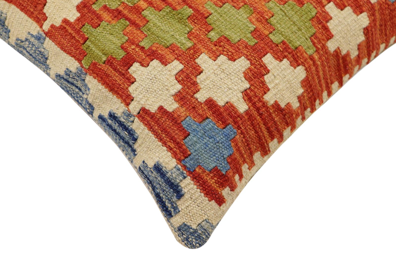 handmade Traditional Pillow Rust Blue Hand-Woven SQUARE 100% WOOL Hand woven turkish pillow2' x 2'