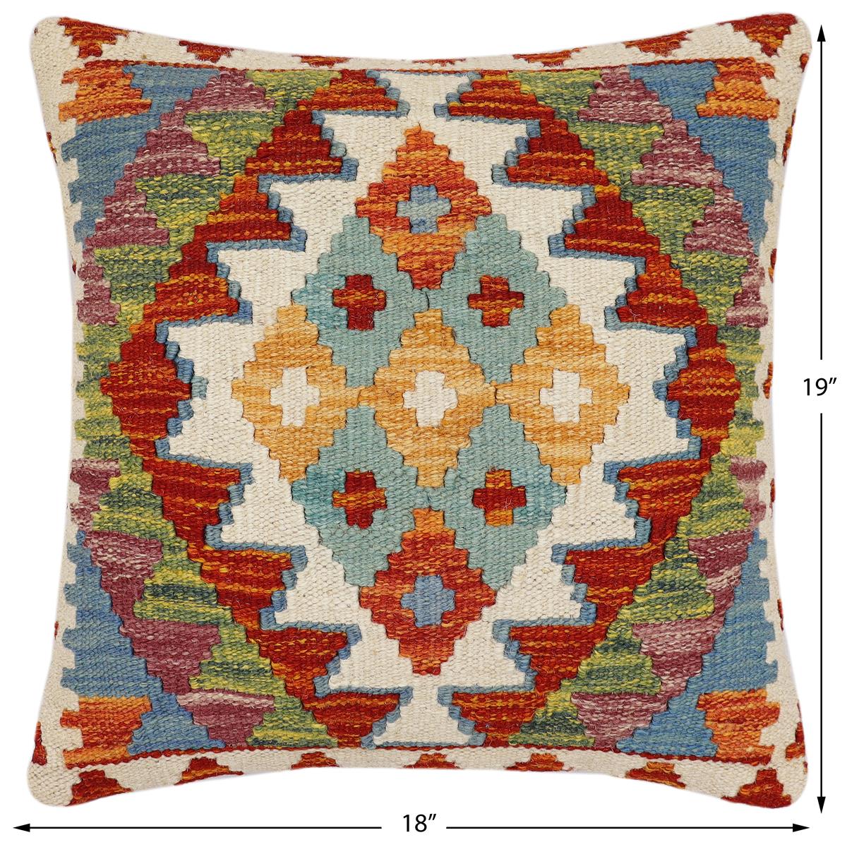 handmade Traditional Pillow Rust Blue Hand-Woven SQUARE 100% WOOL  Hand woven turkish pillow  2 x 2