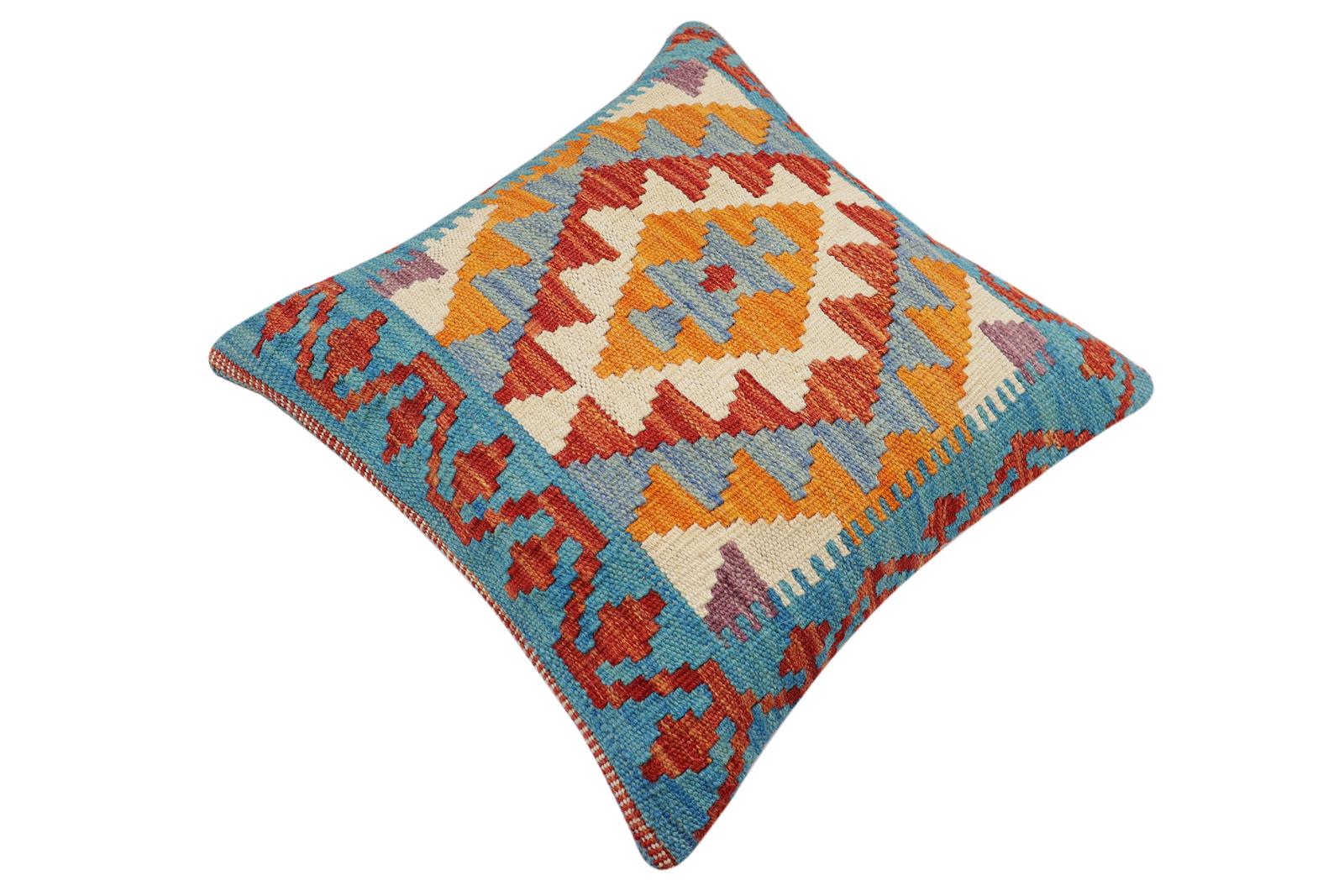 handmade Traditional Pillow Rust Blue Hand-Woven SQUARE 100% WOOL Hand woven turkish pillow2' x 2'