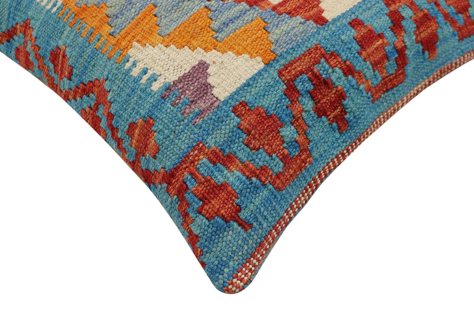 handmade Traditional Pillow Rust Blue Hand-Woven SQUARE 100% WOOL Hand woven turkish pillow2' x 2'