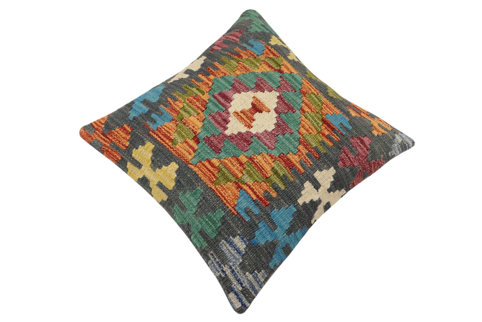 handmade Traditional Pillow Rust Charcoal Hand-Woven SQUARE 100% WOOL Hand woven turkish pillow2' x 2'