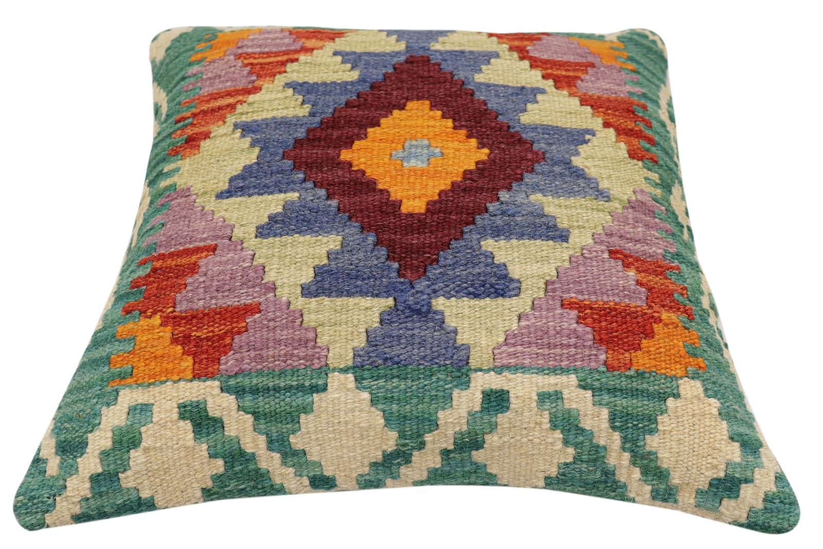 handmade Traditional Pillow Rust Blue Hand-Woven SQUARE 100% WOOL Hand woven turkish pillow2' x 2'