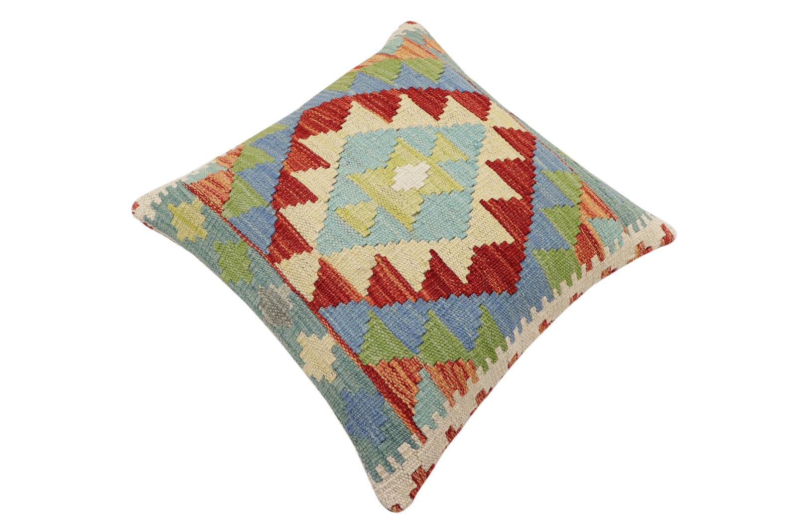handmade Traditional Pillow Rust Blue Hand-Woven SQUARE 100% WOOL Hand woven turkish pillow2' x 2'