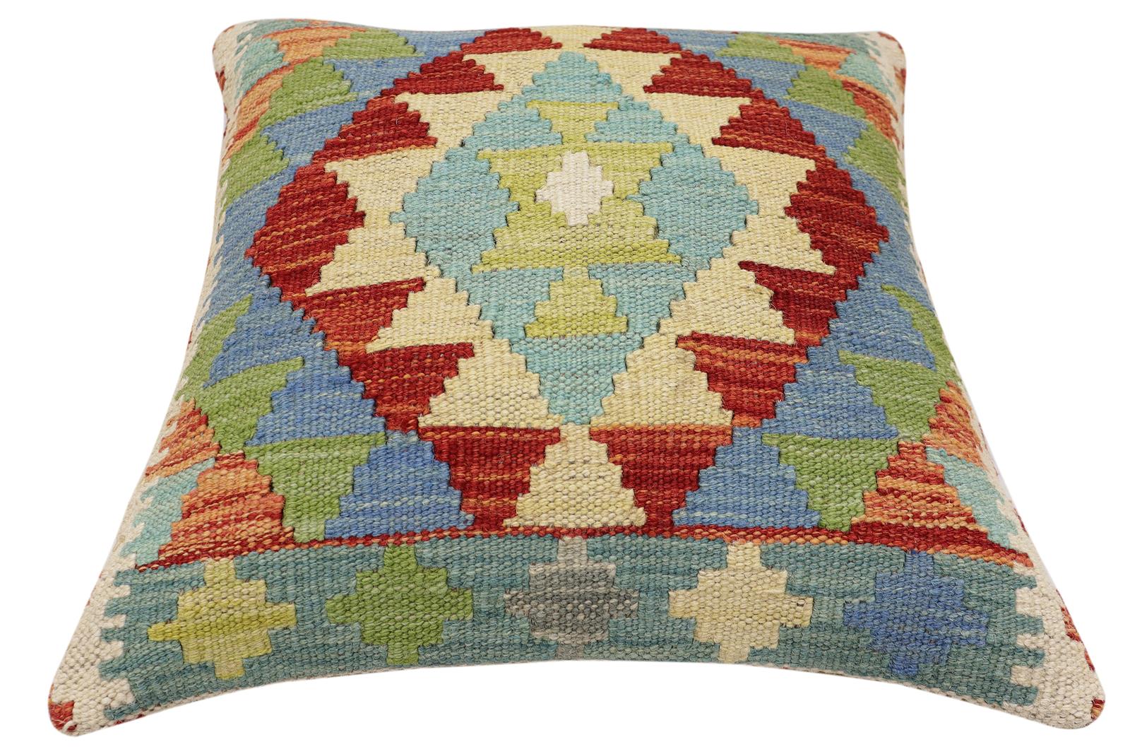 handmade Traditional Pillow Rust Blue Hand-Woven SQUARE 100% WOOL Hand woven turkish pillow2' x 2'
