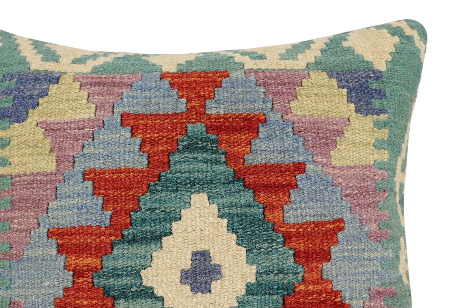 handmade Traditional Pillow Rust Blue Hand-Woven SQUARE 100% WOOL Hand woven turkish pillow2' x 2'