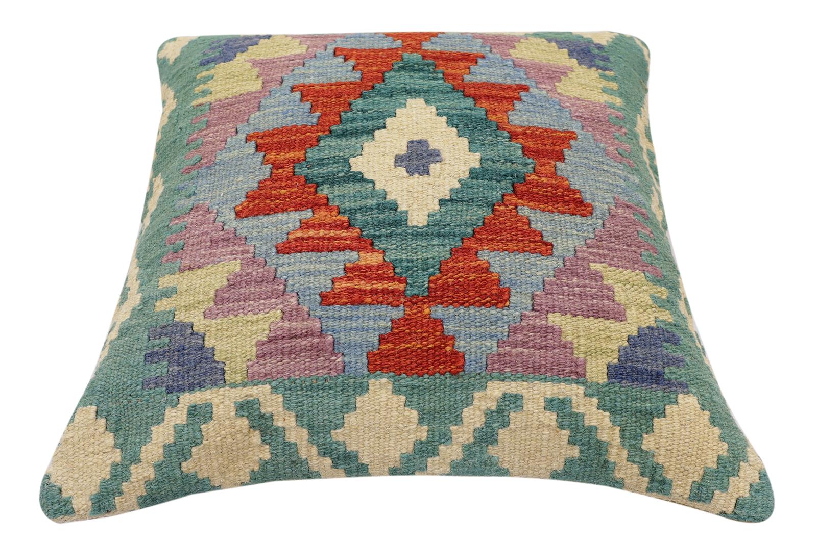 handmade Traditional Pillow Rust Blue Hand-Woven SQUARE 100% WOOL Hand woven turkish pillow2' x 2'