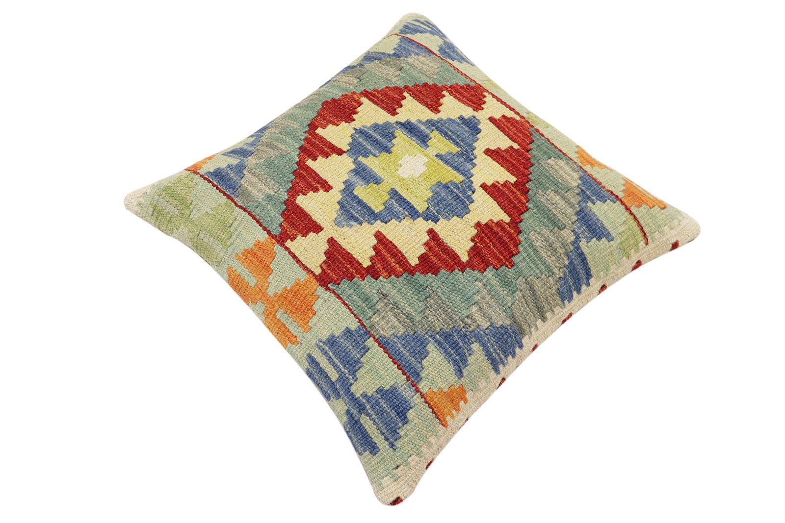 handmade Traditional Pillow Rust Blue Hand-Woven SQUARE 100% WOOL Hand woven turkish pillow2' x 2'