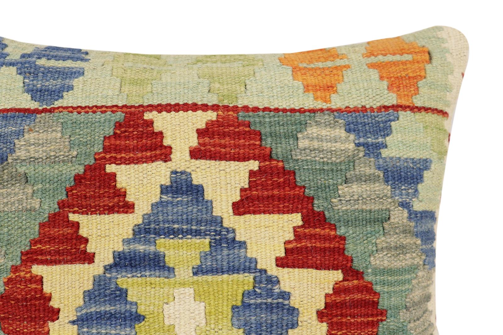 handmade Traditional Pillow Rust Blue Hand-Woven SQUARE 100% WOOL Hand woven turkish pillow2' x 2'