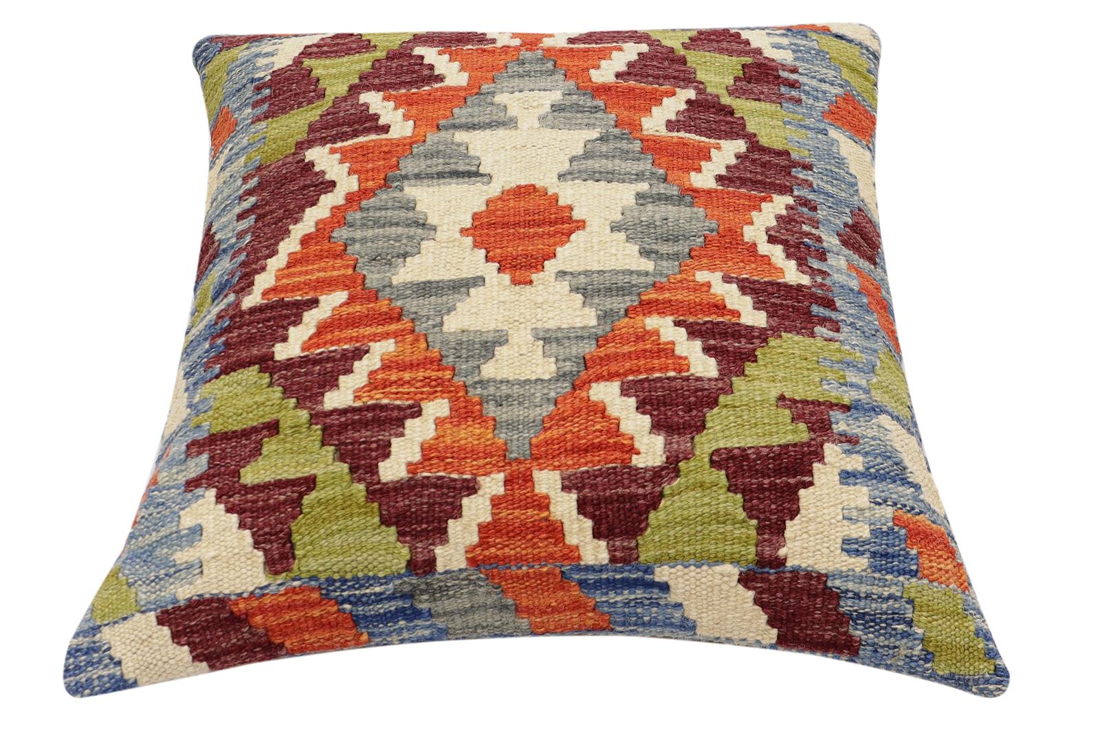 handmade Traditional Pillow Rust Blue Hand-Woven SQUARE 100% WOOL Hand woven turkish pillow2' x 2'