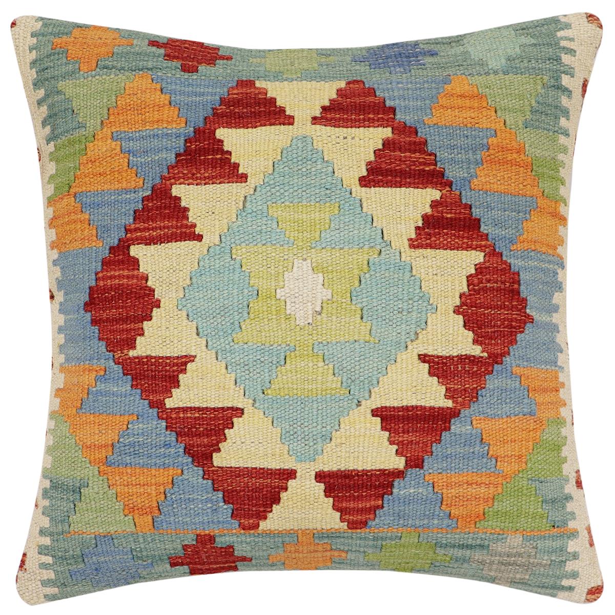 handmade Traditional Pillow Rust Blue Hand-Woven SQUARE 100% WOOL Hand woven turkish pillow2' x 2'