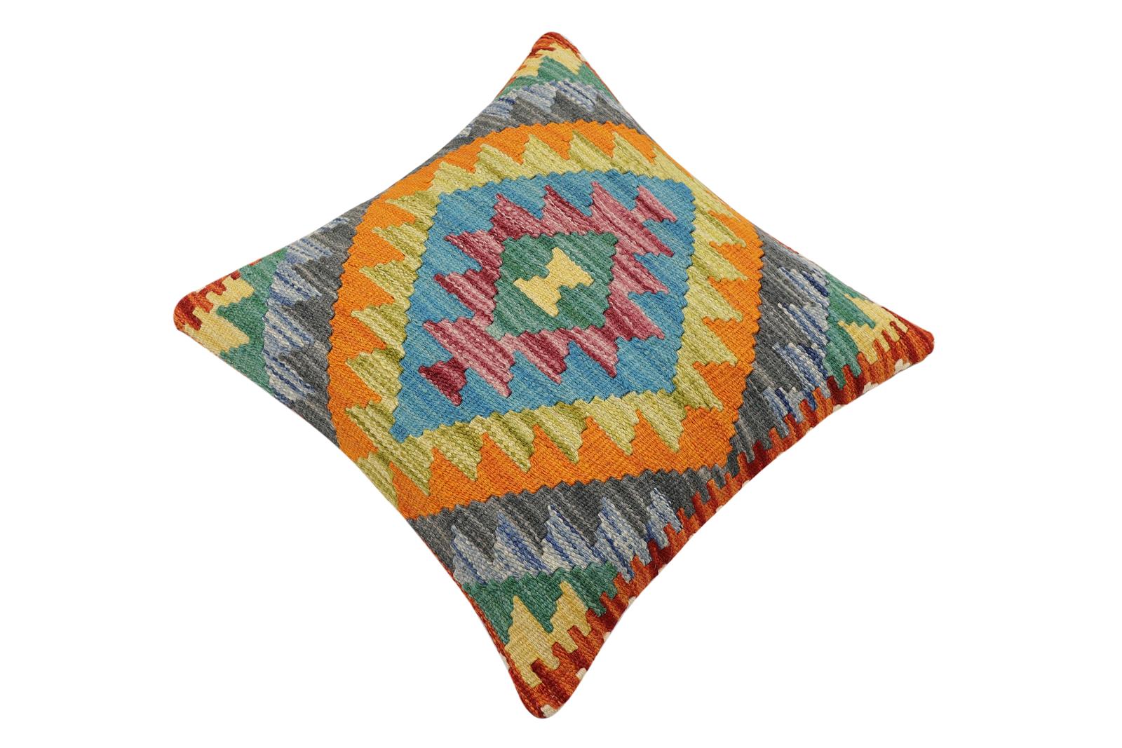 handmade Traditional Pillow Rust Blue Hand-Woven SQUARE 100% WOOL Hand woven turkish pillow2' x 2'