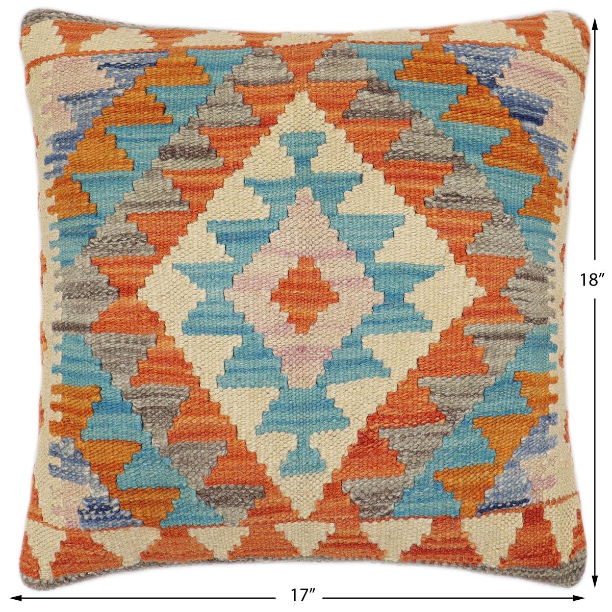 handmade Traditional Pillow Rust Blue Hand-Woven SQUARE 100% WOOL  Hand woven turkish pillow  2 x 2