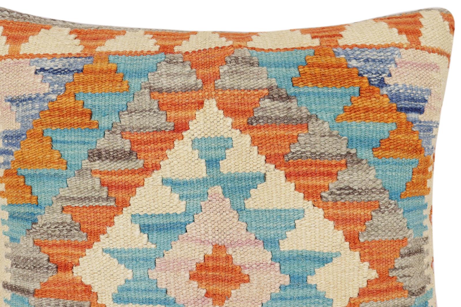 handmade Traditional Pillow Rust Blue Hand-Woven SQUARE 100% WOOL  Hand woven turkish pillow  2 x 2