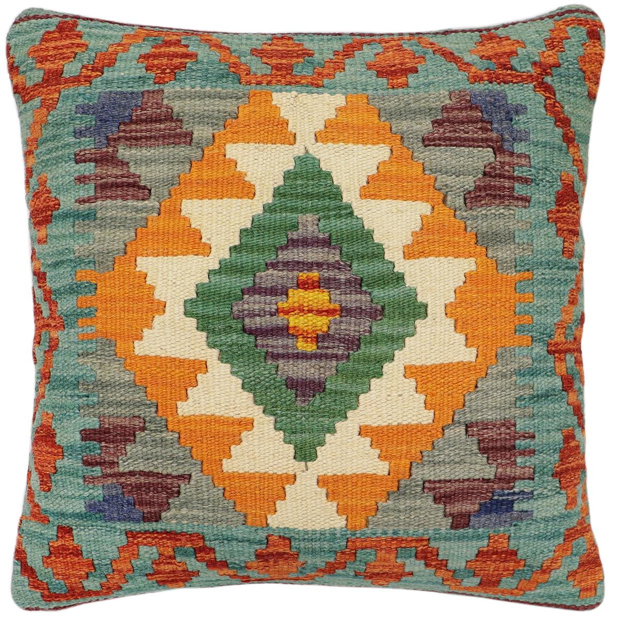 handmade Traditional Pillow Rust Green Hand-Woven SQUARE 100% WOOL Hand woven turkish pillow2' x 2'