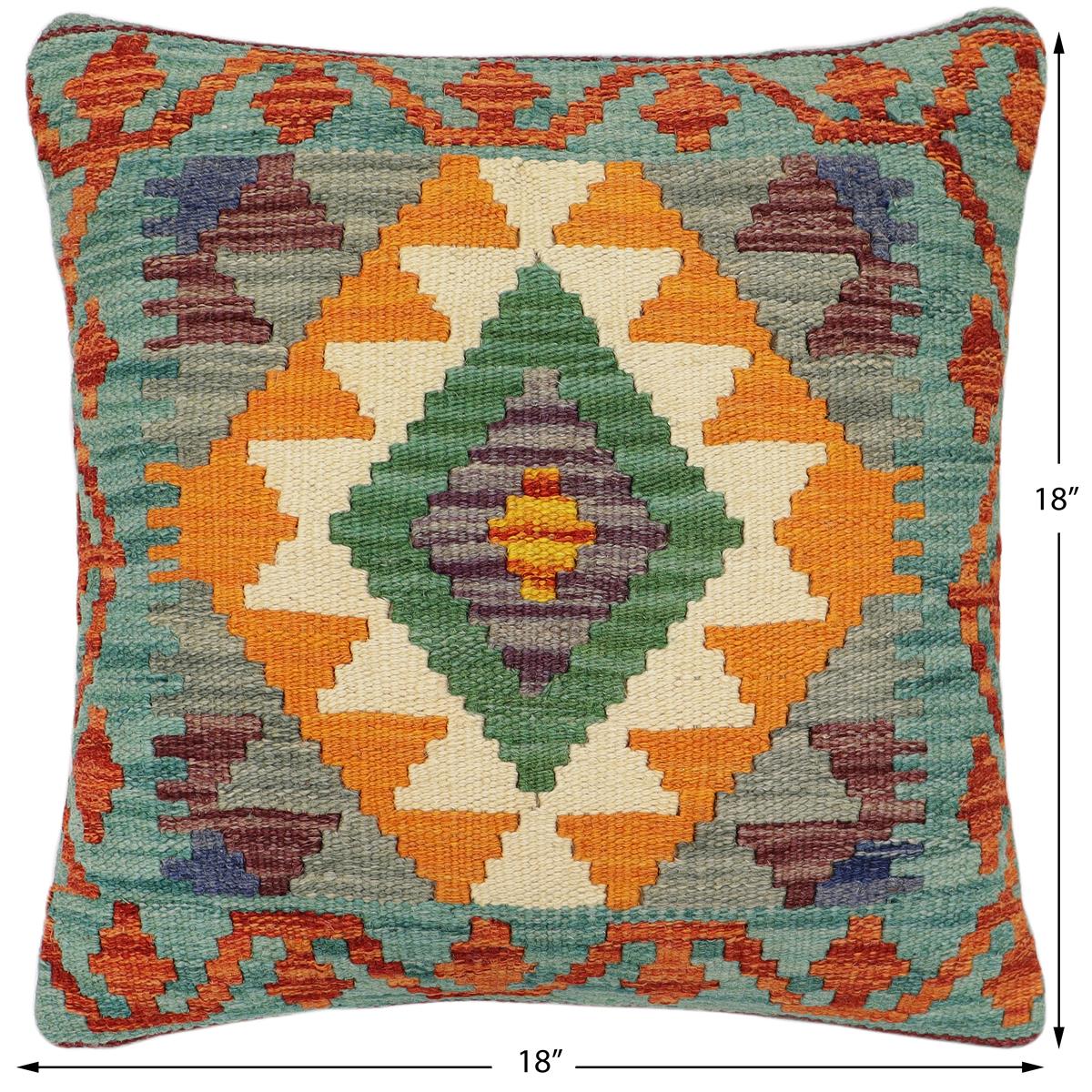 handmade Traditional Pillow Rust Green Hand-Woven SQUARE 100% WOOL Hand woven turkish pillow2' x 2'