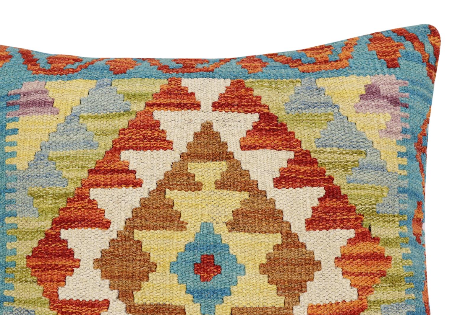 handmade Traditional Pillow Rust Blue Hand-Woven SQUARE 100% WOOL Hand woven turkish pillow2' x 2'
