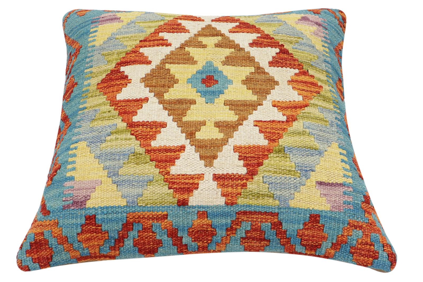 handmade Traditional Pillow Rust Blue Hand-Woven SQUARE 100% WOOL Hand woven turkish pillow2' x 2'