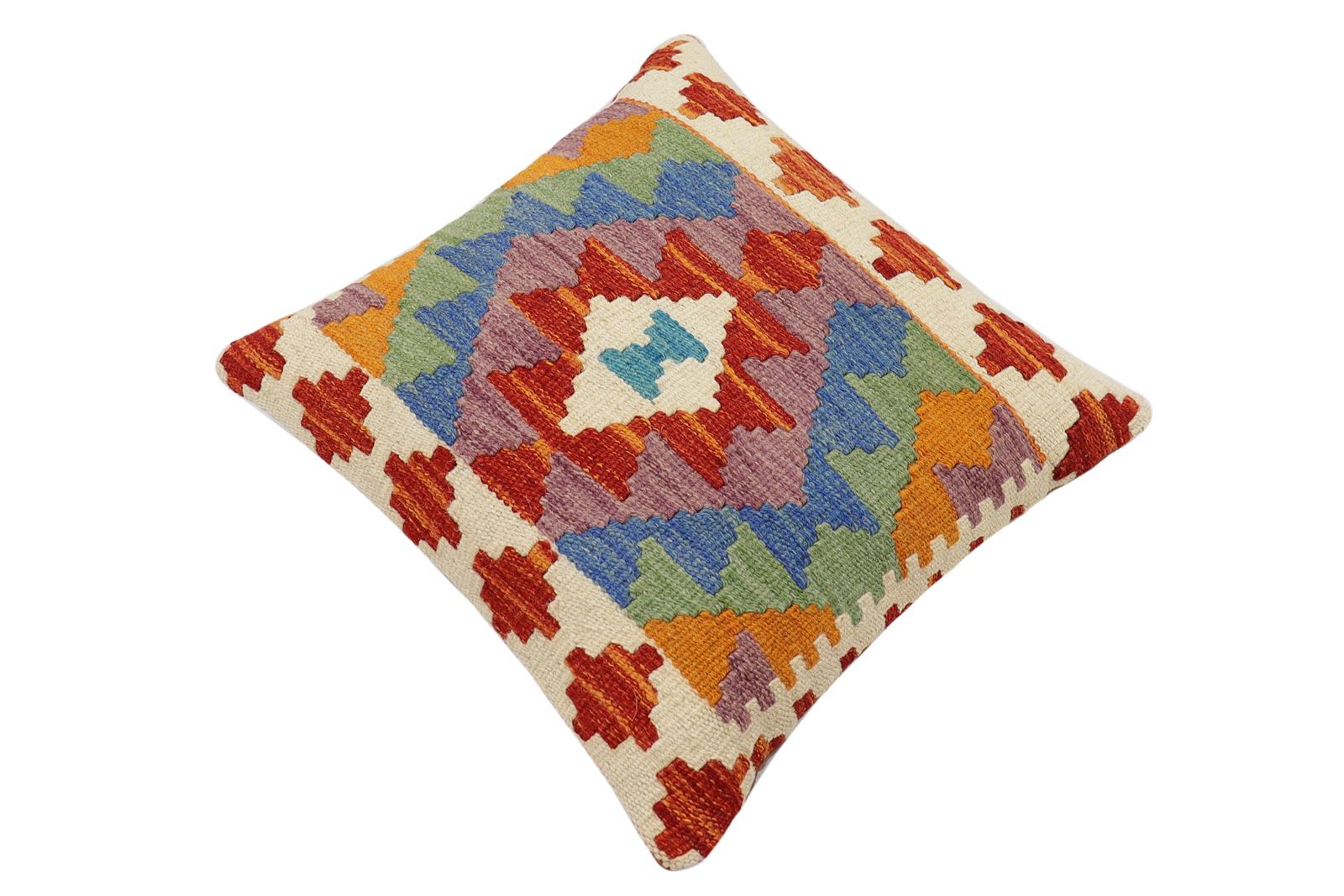 handmade Traditional Pillow Rust Blue Hand-Woven SQUARE 100% WOOL Hand woven turkish pillow2' x 2'