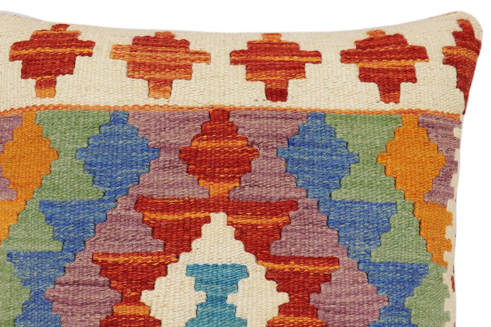 handmade Traditional Pillow Rust Blue Hand-Woven SQUARE 100% WOOL Hand woven turkish pillow2' x 2'