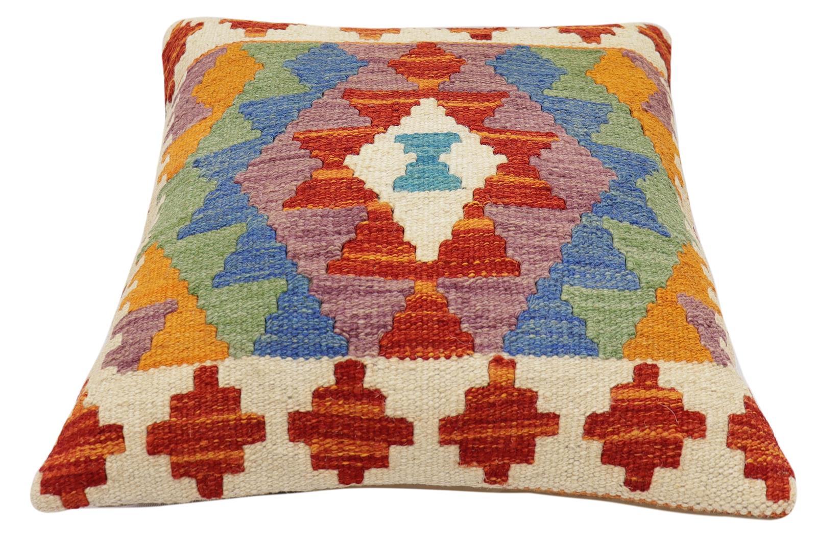 handmade Traditional Pillow Rust Blue Hand-Woven SQUARE 100% WOOL Hand woven turkish pillow2' x 2'