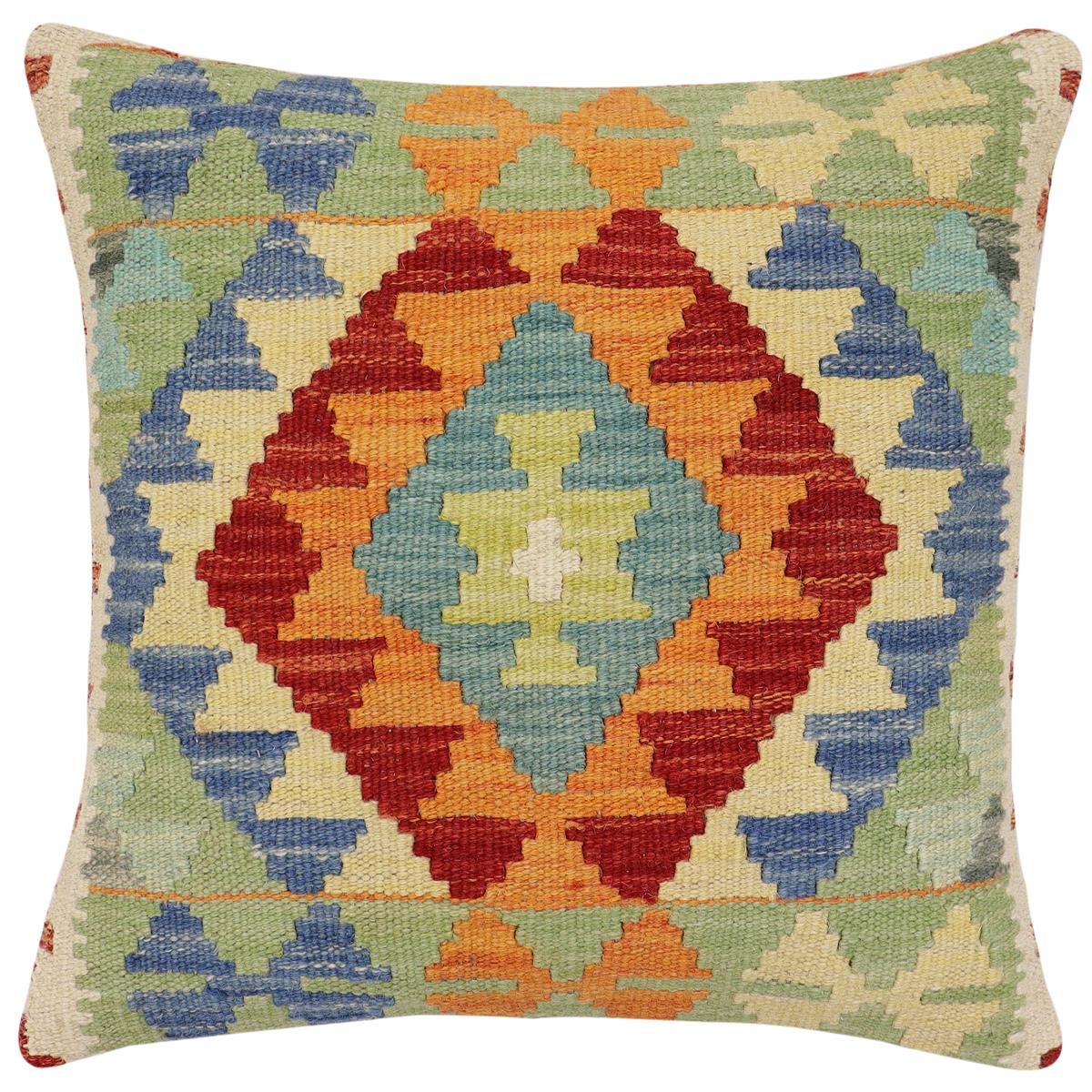 handmade Traditional Pillow Rust Blue Hand-Woven SQUARE 100% WOOL Hand woven turkish pillow2' x 2'