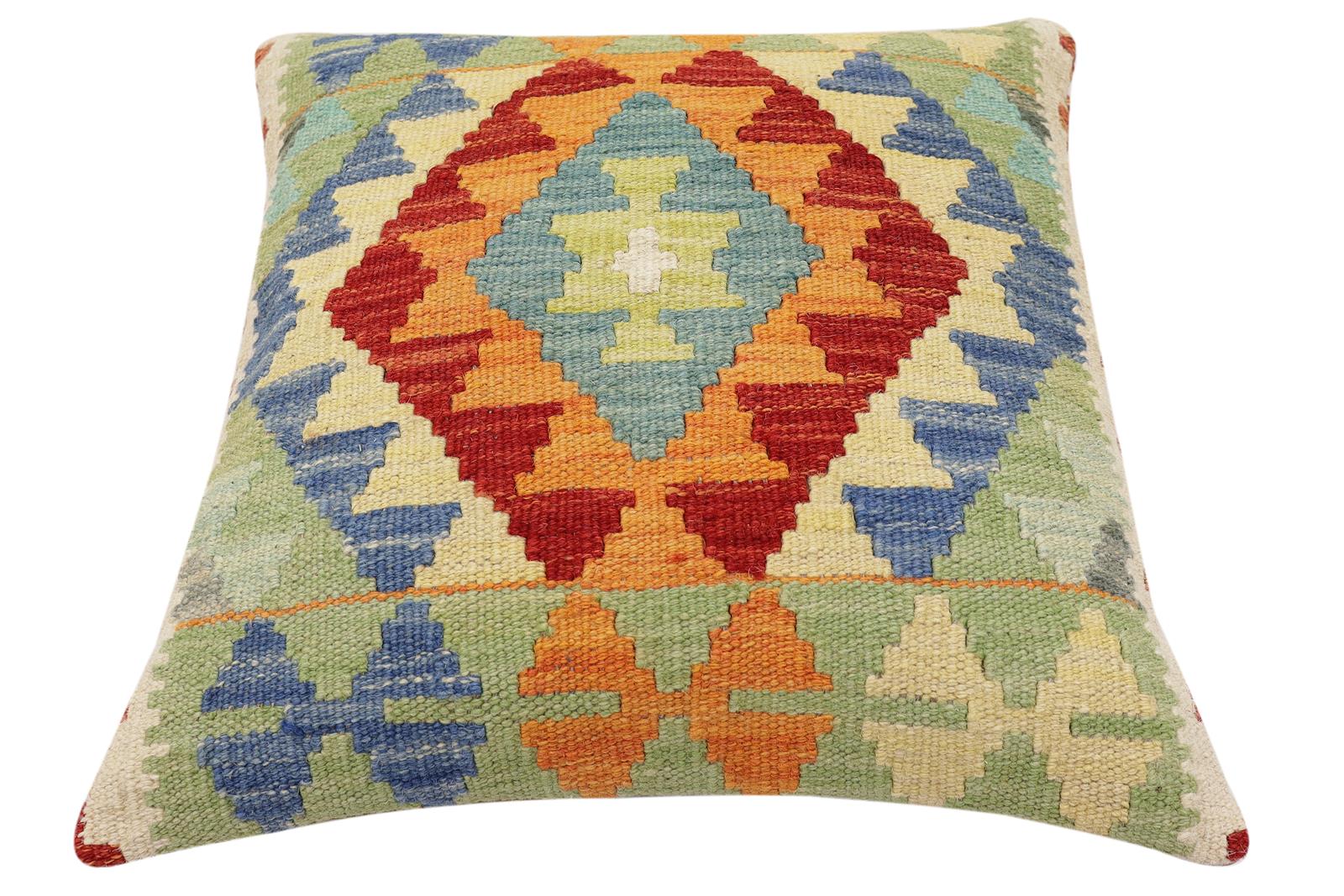 handmade Traditional Pillow Rust Blue Hand-Woven SQUARE 100% WOOL Hand woven turkish pillow2' x 2'