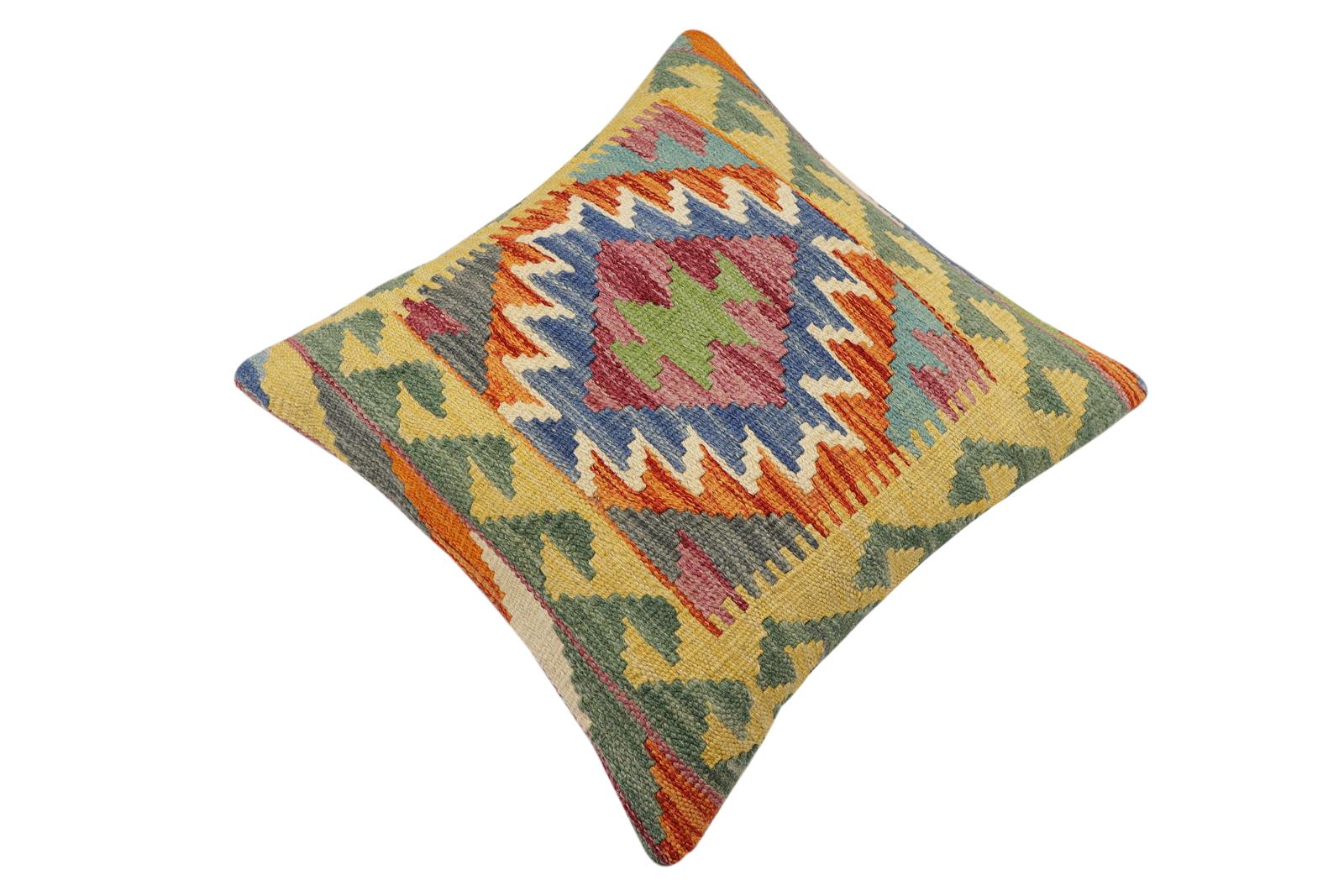 handmade Traditional Pillow Rust Blue Hand-Woven SQUARE 100% WOOL Hand woven turkish pillow2' x 2'