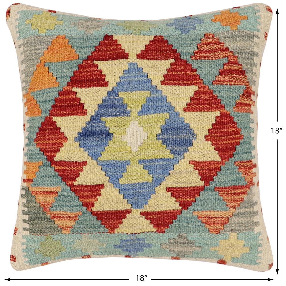 handmade Traditional Pillow Rust Blue Hand-Woven SQUARE 100% WOOL Hand woven turkish pillow2' x 2'