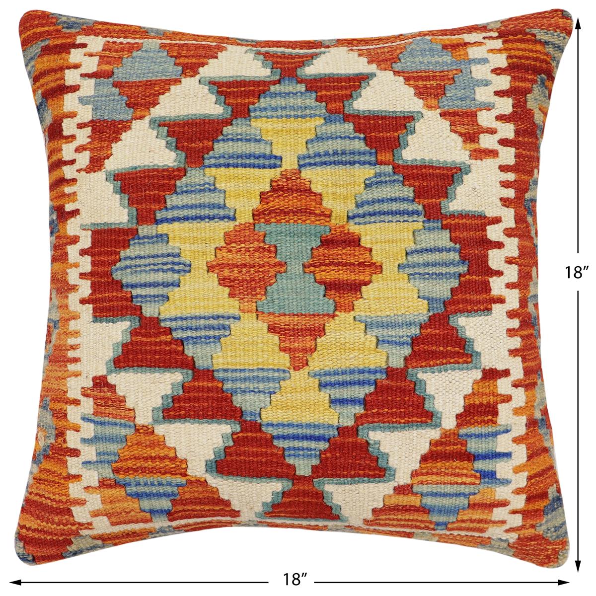 handmade Traditional Pillow Rust Blue Hand-Woven SQUARE 100% WOOL Hand woven turkish pillow2' x 2'